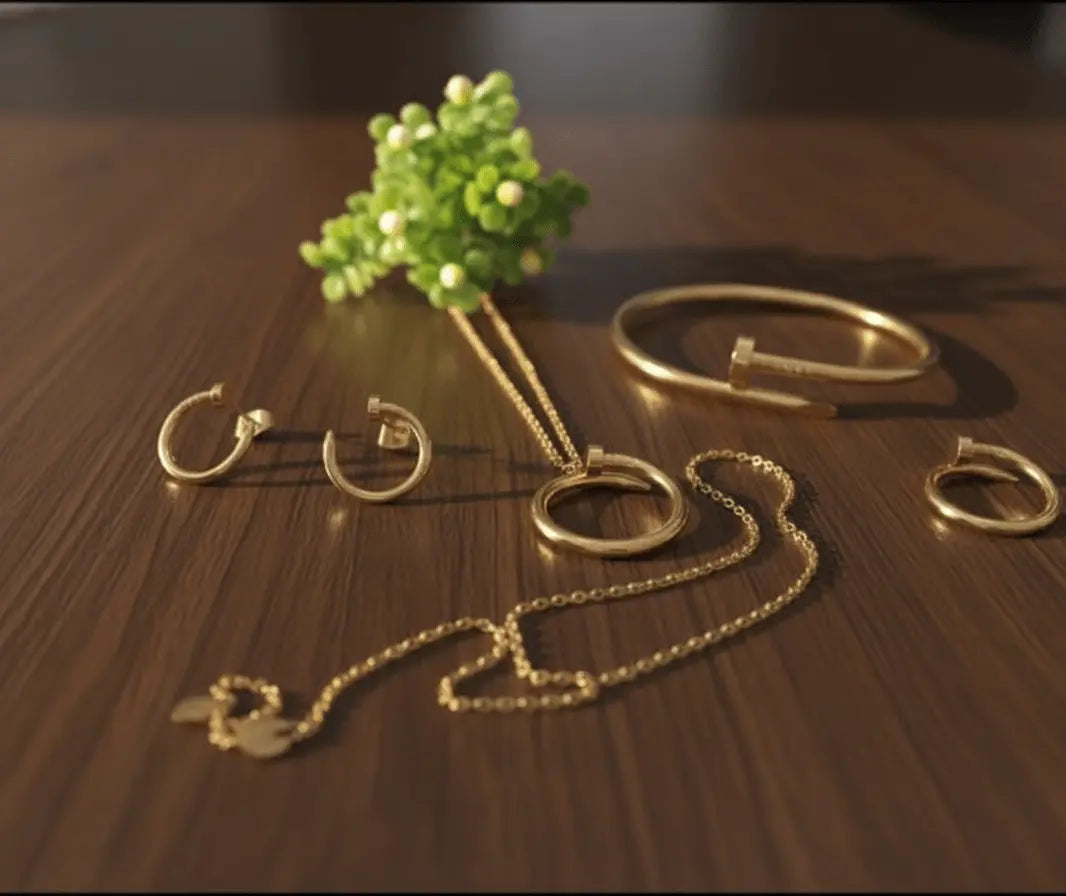 Nail Shape Gold Jewelry Set – Necklace, Bracelet, Ring & Earrings - 07BM