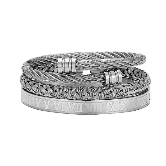 Vintage Roman Numerals Cylinder Woven Stainless Steel Bracelet Three-piece Gift Product - 07BM