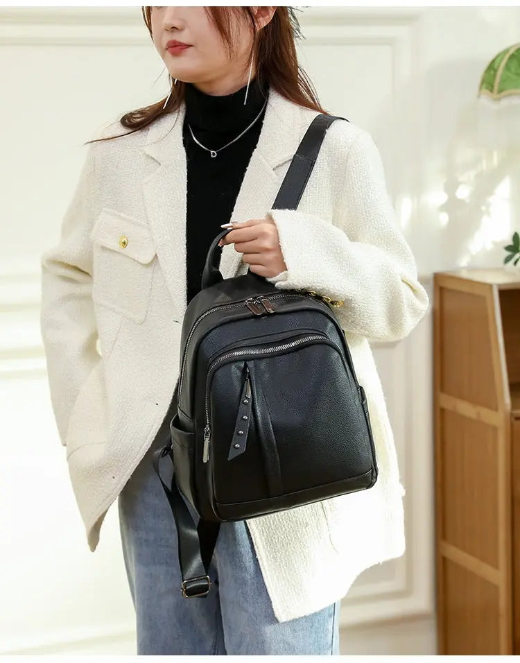Women's Backpack PU Soft Leather Fashion Simple Waterproof Large Capacity Travel Bag - 07BM