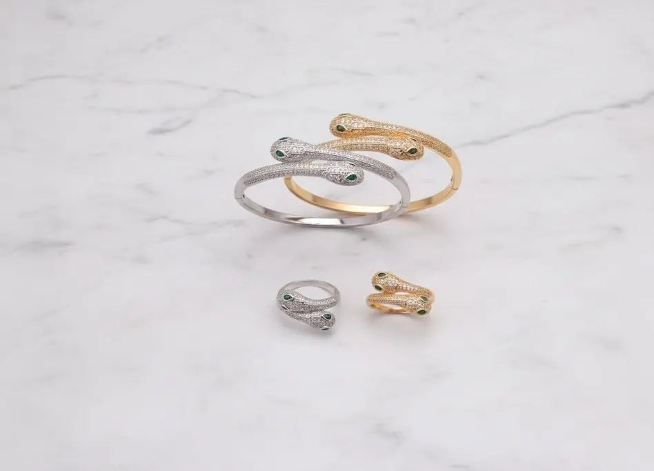 Emerald-Eye Snake Bangle & Ring Set - 07BM