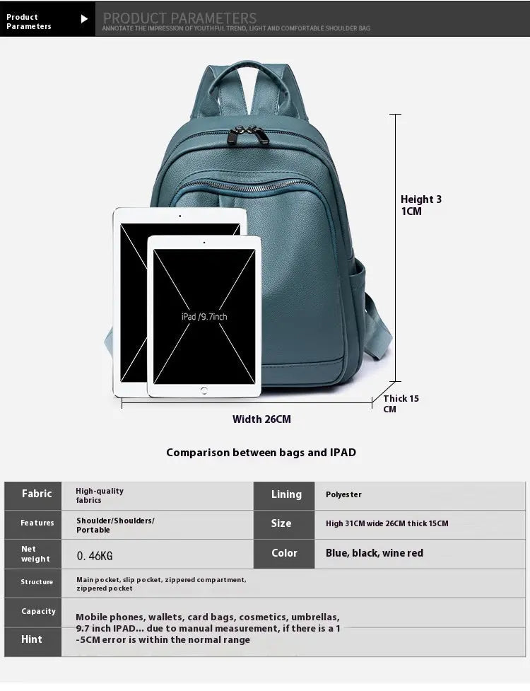 Women's Backpack PU Soft Leather Fashion Simple Waterproof Large Capacity Travel Bag - 07BM